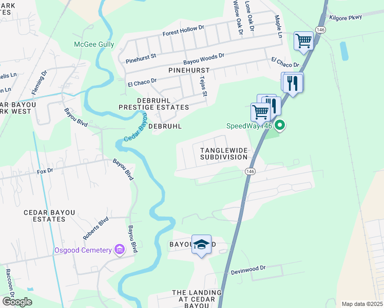 map of restaurants, bars, coffee shops, grocery stores, and more near 6719 Zeenat Boulevard in Baytown