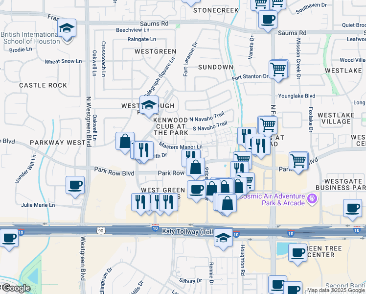 map of restaurants, bars, coffee shops, grocery stores, and more near Masters Manor Lane in Katy