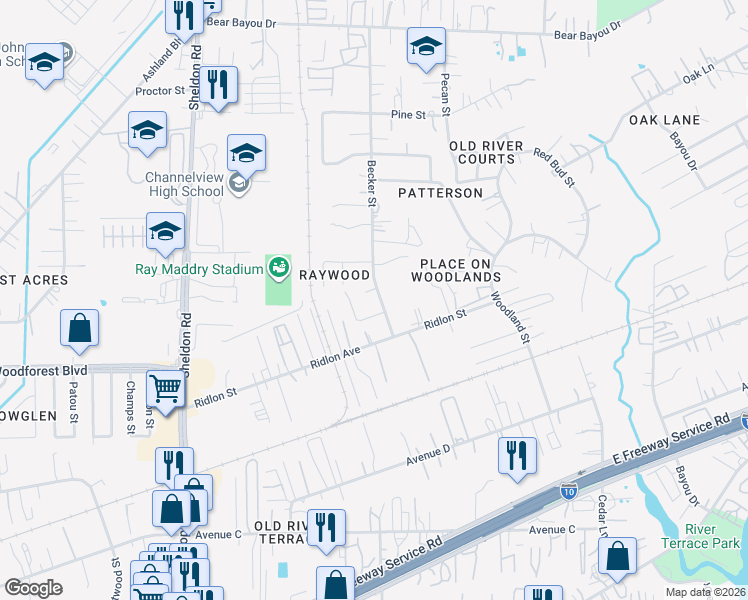 map of restaurants, bars, coffee shops, grocery stores, and more near 823 Becker Street in Channelview