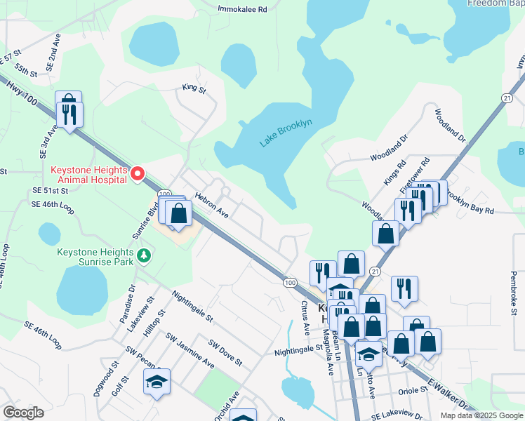 map of restaurants, bars, coffee shops, grocery stores, and more near 628 Bethel Street in Keystone Heights