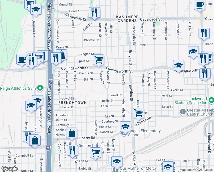 map of restaurants, bars, coffee shops, grocery stores, and more near 3331 Sayers Street in Houston