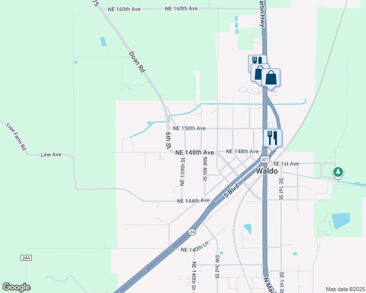 map of restaurants, bars, coffee shops, grocery stores, and more near 14858 Northeast 139th Terrace in Waldo