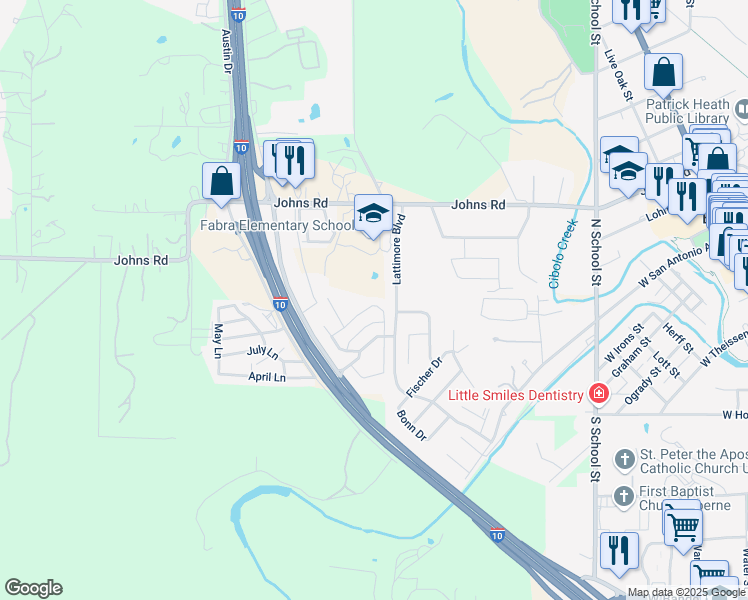 map of restaurants, bars, coffee shops, grocery stores, and more near 333 Hampton Cove in Boerne