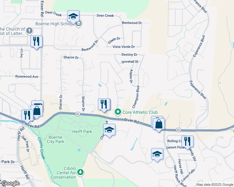 map of restaurants, bars, coffee shops, grocery stores, and more near 114 Noble Woods in Boerne
