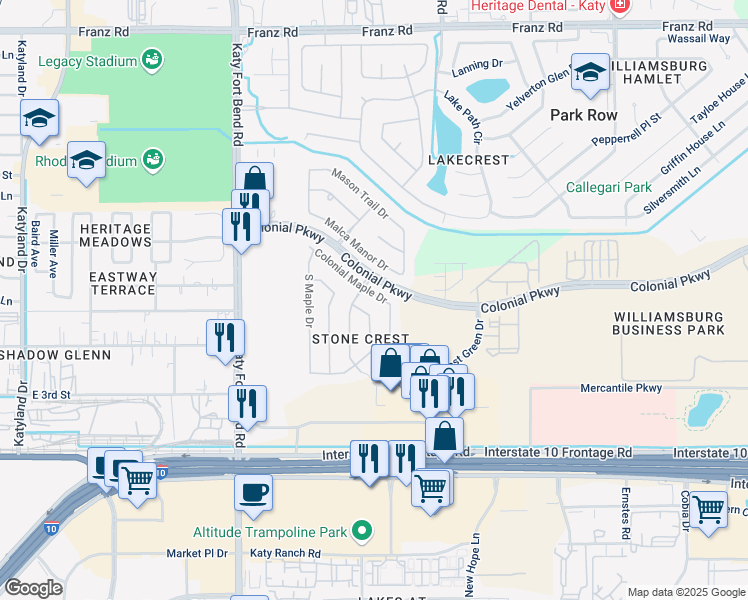 map of restaurants, bars, coffee shops, grocery stores, and more near 24623 Colonial Maple Drive in Katy