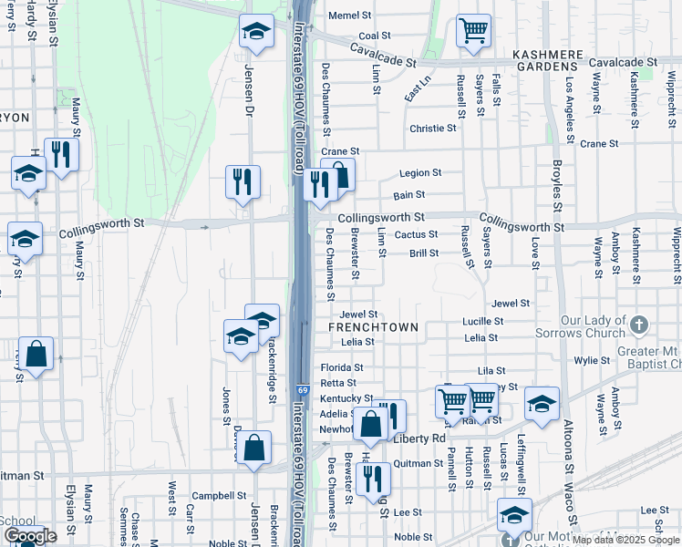 map of restaurants, bars, coffee shops, grocery stores, and more near 3213 Des Chaumes Street in Houston