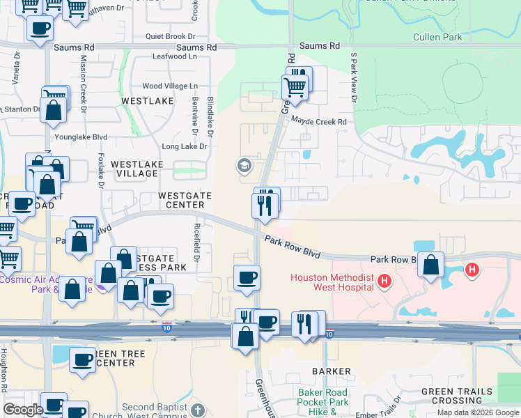 map of restaurants, bars, coffee shops, grocery stores, and more near 1922 Greenhouse Road in Houston