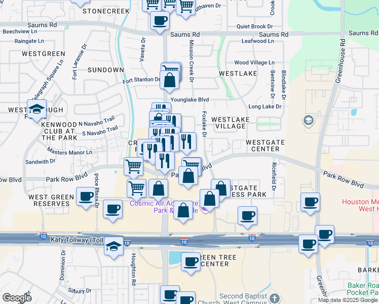 map of restaurants, bars, coffee shops, grocery stores, and more near 1718 Fry Road in Houston