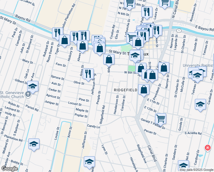 map of restaurants, bars, coffee shops, grocery stores, and more near 100 Young Place in Thibodaux