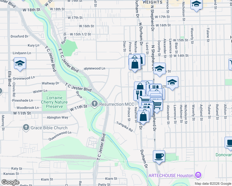 map of restaurants, bars, coffee shops, grocery stores, and more near 1127 Worthshire Street in Houston
