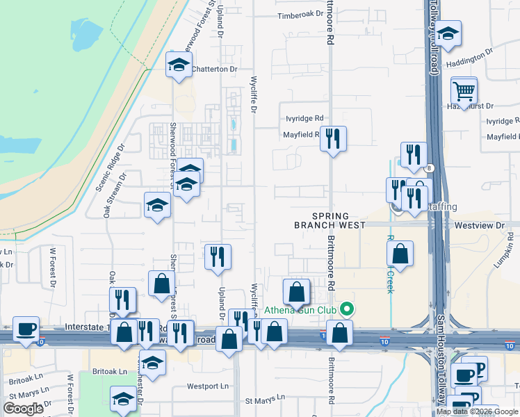 map of restaurants, bars, coffee shops, grocery stores, and more near 1406 Wycliffe Drive in Houston