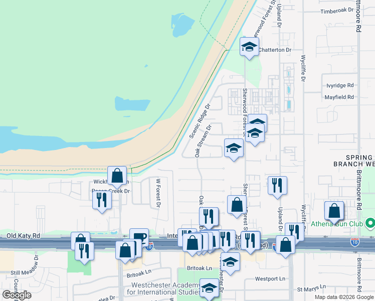 map of restaurants, bars, coffee shops, grocery stores, and more near 1414 Scenic Ridge Drive in Houston