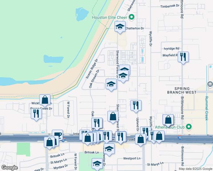 map of restaurants, bars, coffee shops, grocery stores, and more near 11202 Maple Springs Drive in Houston