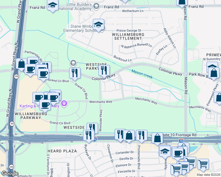 map of restaurants, bars, coffee shops, grocery stores, and more near 22631 Colonial Parkway in Katy
