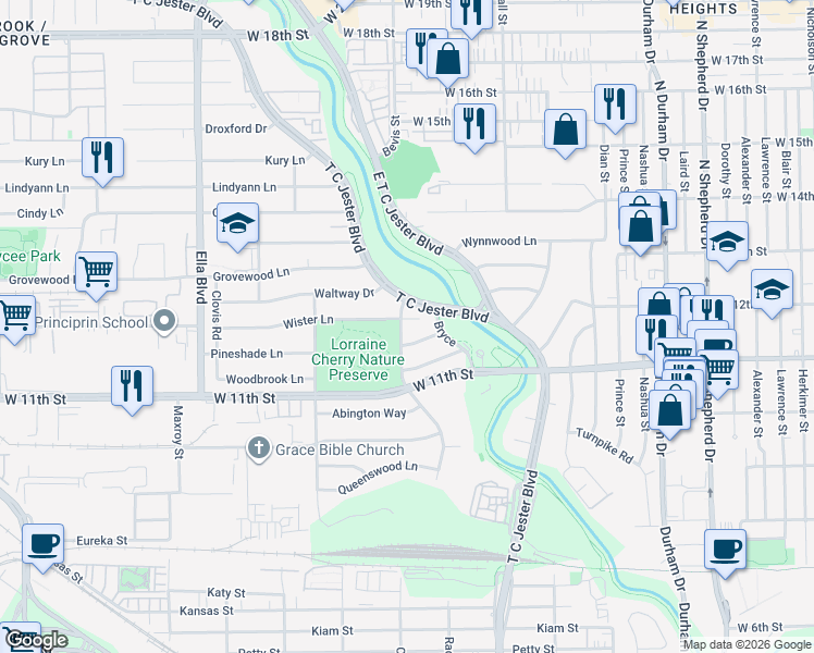 map of restaurants, bars, coffee shops, grocery stores, and more near 6015 Wister Court in Houston