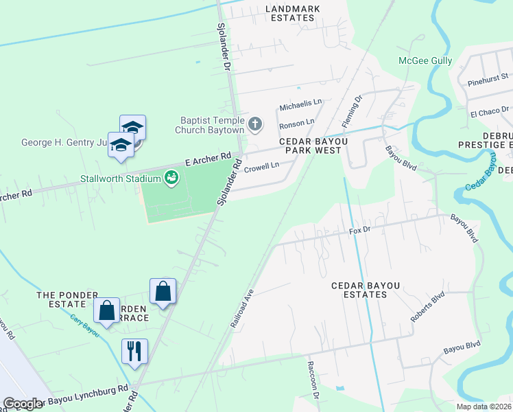 map of restaurants, bars, coffee shops, grocery stores, and more near 2712 Whispering Pines Street in Baytown