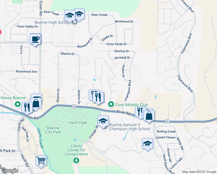 map of restaurants, bars, coffee shops, grocery stores, and more near 114 Noble Woods in Boerne