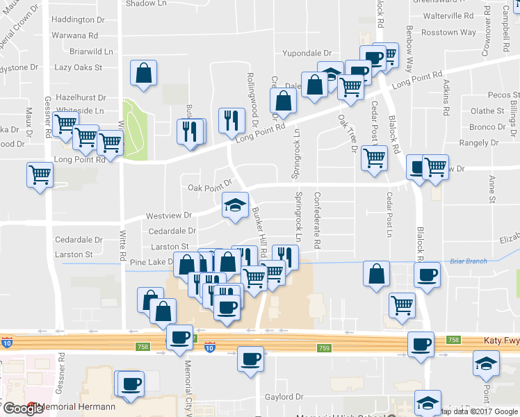 map of restaurants, bars, coffee shops, grocery stores, and more near 9745 Cedardale Drive in Houston