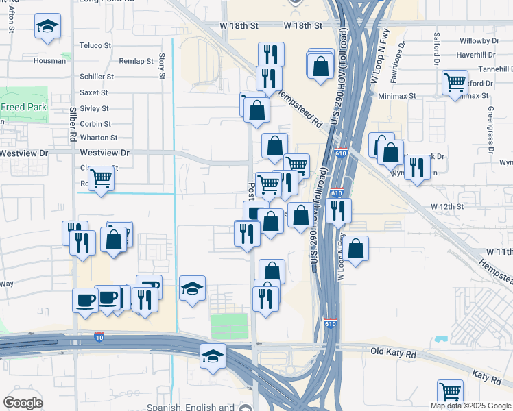 map of restaurants, bars, coffee shops, grocery stores, and more near 1296 North Post Oak Road in Houston