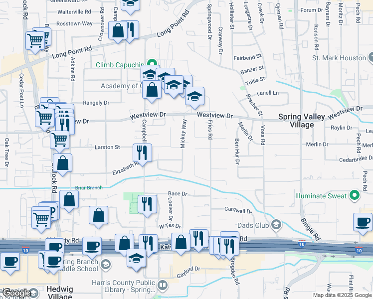 map of restaurants, bars, coffee shops, grocery stores, and more near 1242 Mickey Way in Houston