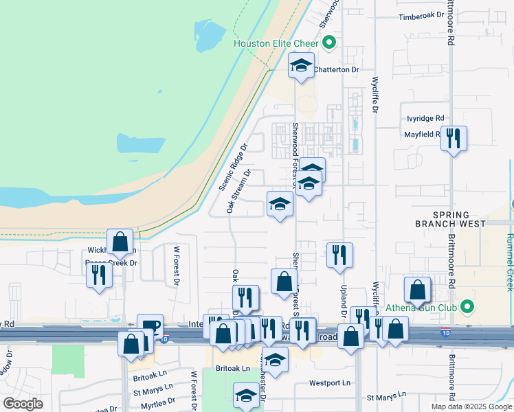 map of restaurants, bars, coffee shops, grocery stores, and more near 11202 Maple Springs Drive in Houston