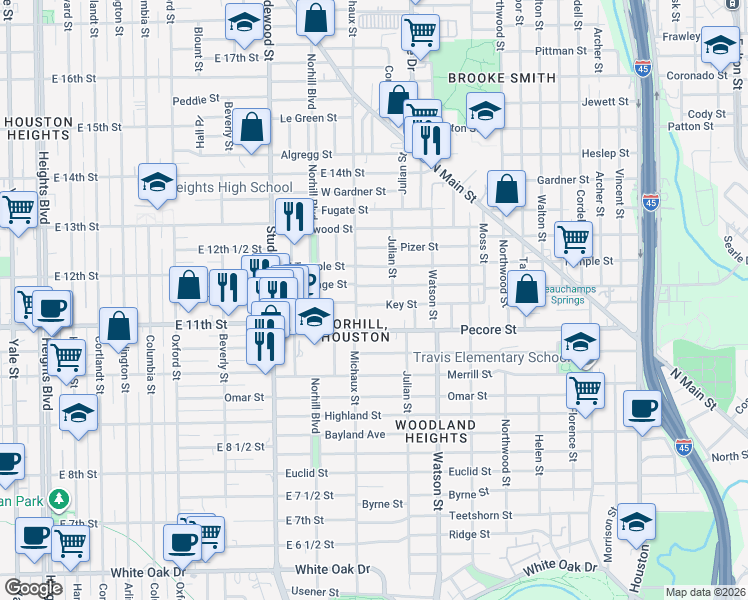 map of restaurants, bars, coffee shops, grocery stores, and more near 919 Key Street in Houston