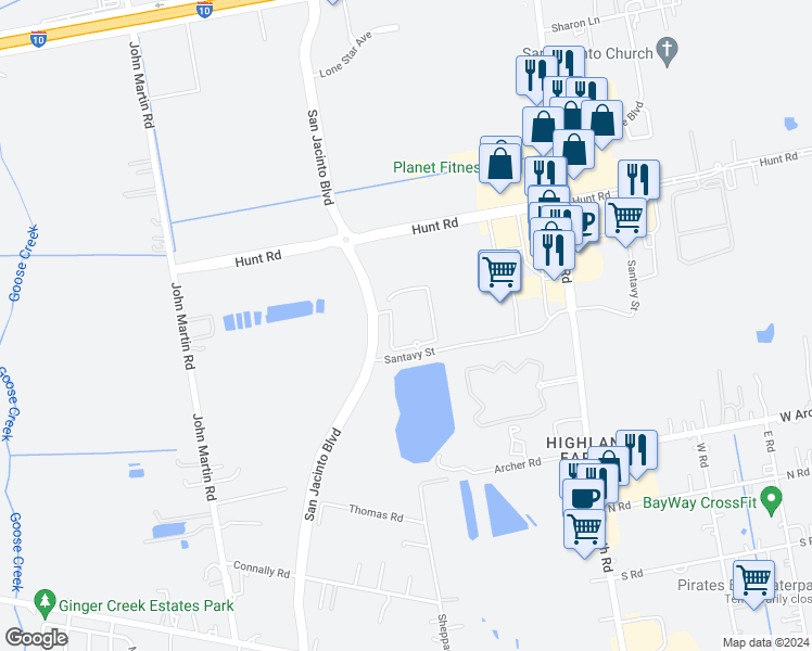 map of restaurants, bars, coffee shops, grocery stores, and more near 1600 Santavy Street in Baytown
