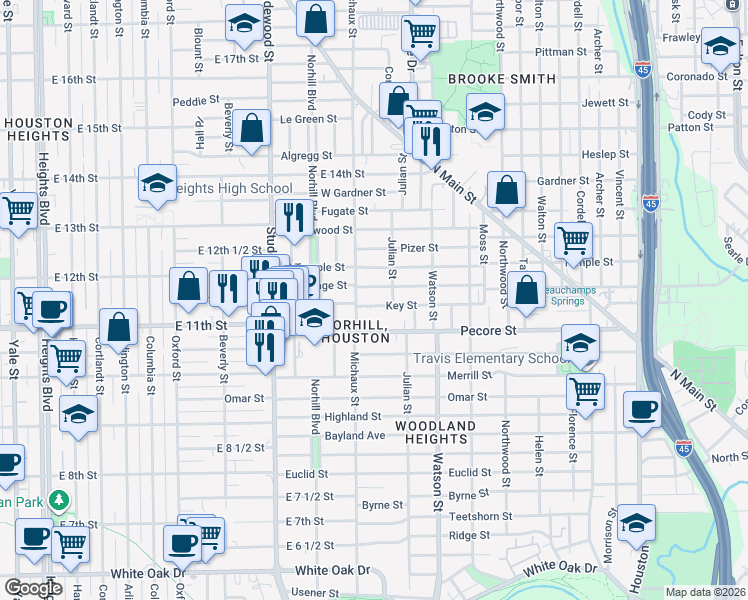 map of restaurants, bars, coffee shops, grocery stores, and more near 919 Key Street in Houston