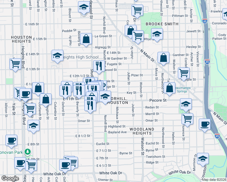 map of restaurants, bars, coffee shops, grocery stores, and more near 1014 Key Street in Houston