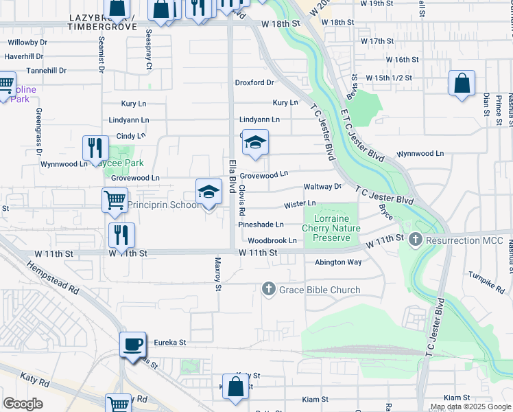 map of restaurants, bars, coffee shops, grocery stores, and more near 6423 Wister Lane in Houston