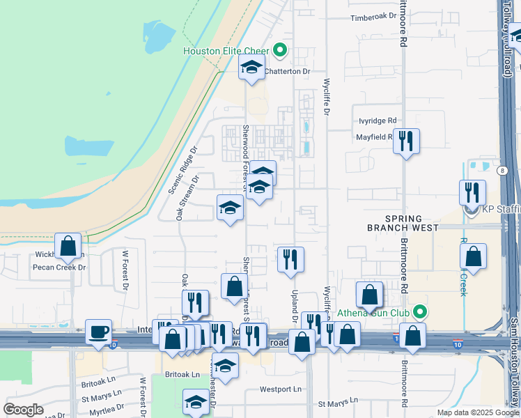map of restaurants, bars, coffee shops, grocery stores, and more near 1424 Sherwood Forest Street in Houston