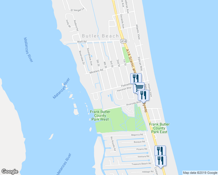 map of restaurants, bars, coffee shops, grocery stores, and more near 280 Palmetto Road in St. Augustine