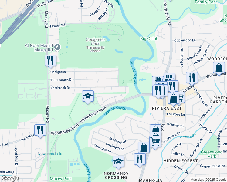 map of restaurants, bars, coffee shops, grocery stores, and more near 12834 Eastbrook Drive in Houston