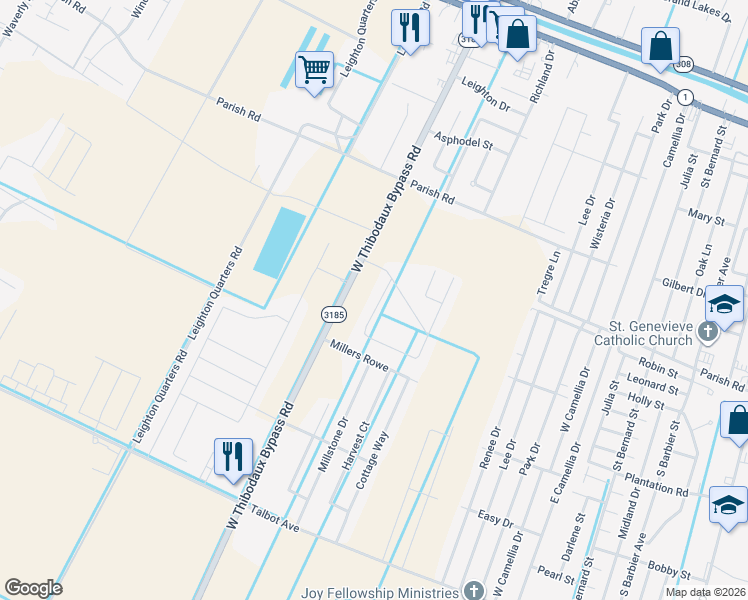 map of restaurants, bars, coffee shops, grocery stores, and more near 128 Carriage Way in Thibodaux