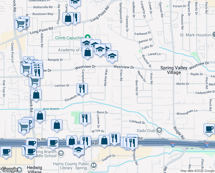 map of restaurants, bars, coffee shops, grocery stores, and more near 1242 Mickey Way in Houston