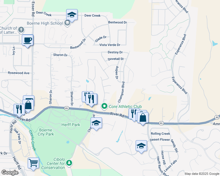 map of restaurants, bars, coffee shops, grocery stores, and more near 107 Massey Woods in Boerne