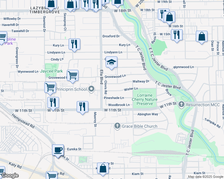 map of restaurants, bars, coffee shops, grocery stores, and more near 6423 Wister Lane in Houston