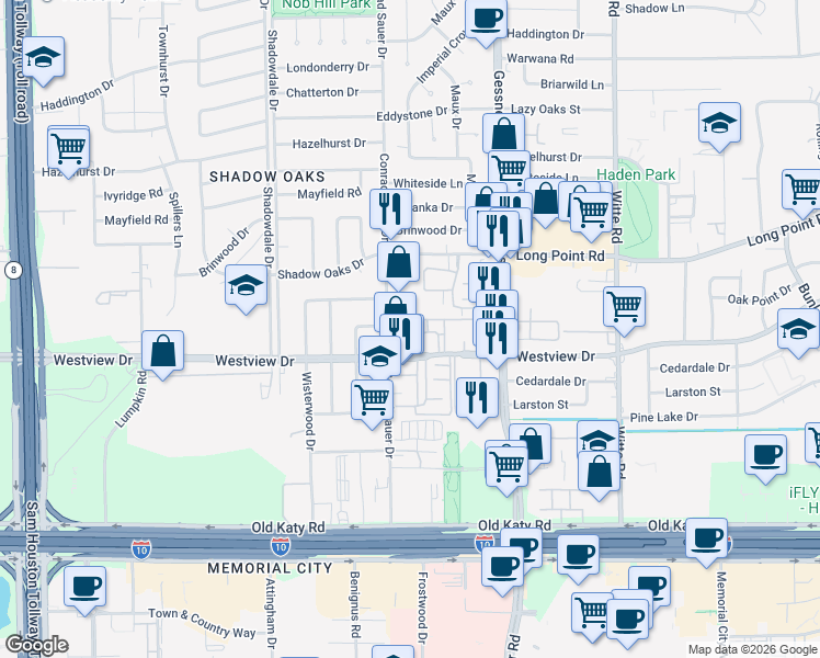 map of restaurants, bars, coffee shops, grocery stores, and more near 10110 Westview Drive in Houston