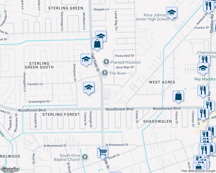 map of restaurants, bars, coffee shops, grocery stores, and more near 15434 Rancho Plata Drive in Channelview