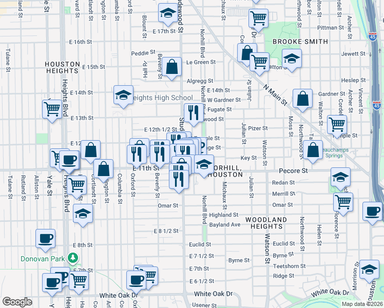 map of restaurants, bars, coffee shops, grocery stores, and more near 1110 Key Street in Houston