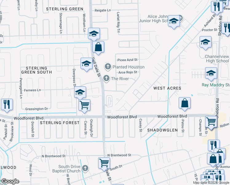map of restaurants, bars, coffee shops, grocery stores, and more near 15434 Rancho Plata Drive in Channelview