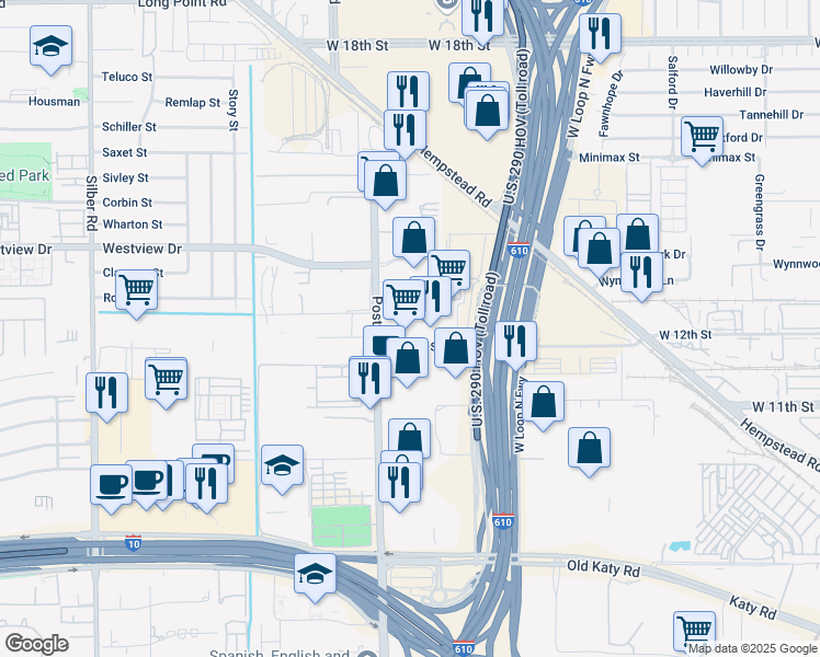 map of restaurants, bars, coffee shops, grocery stores, and more near 4450 West 12th Street in Houston