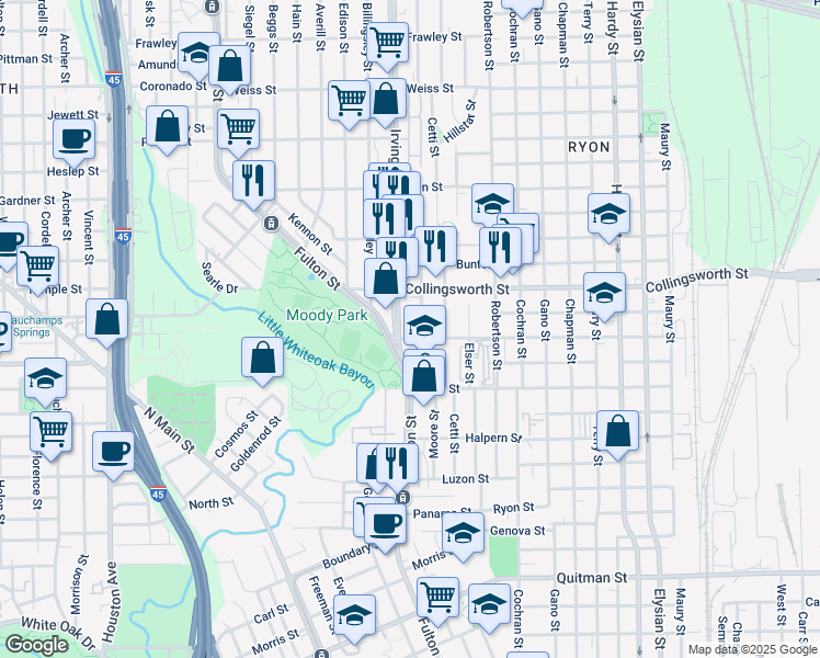 map of restaurants, bars, coffee shops, grocery stores, and more near 3403 Irvington Boulevard in Houston