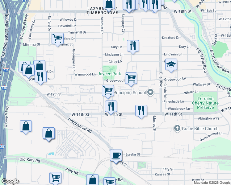 map of restaurants, bars, coffee shops, grocery stores, and more near 3483 West 12th Street in Houston