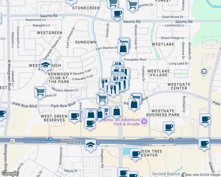 map of restaurants, bars, coffee shops, grocery stores, and more near 1707 North Fry Road in Katy