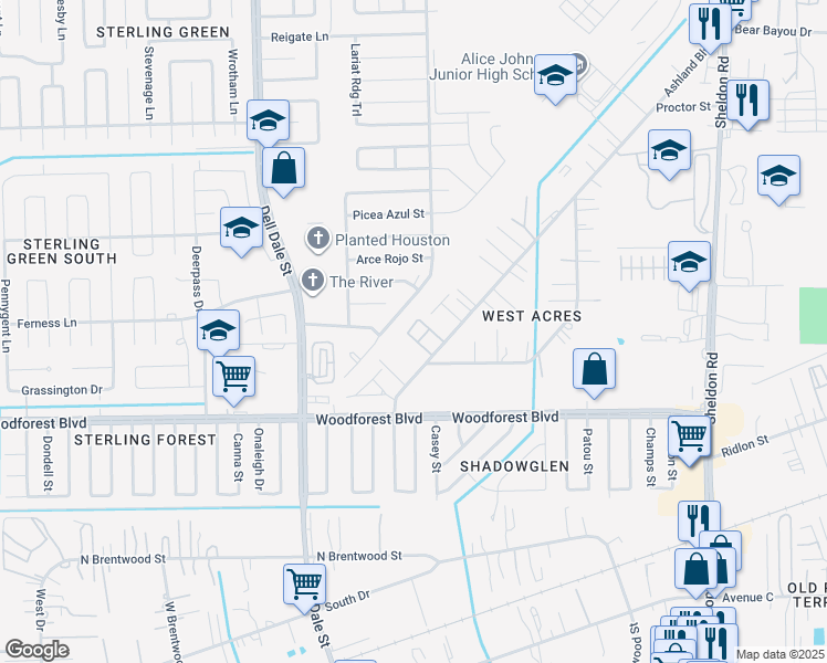 map of restaurants, bars, coffee shops, grocery stores, and more near 907 Ashland Boulevard in Channelview