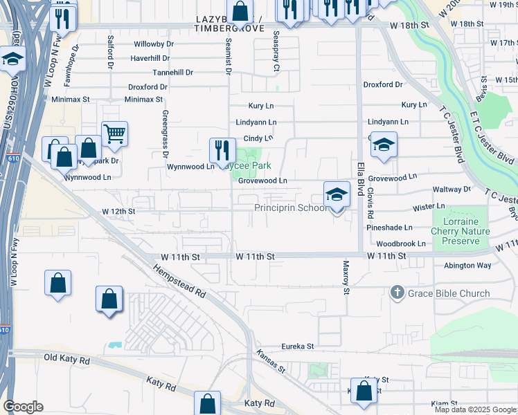 map of restaurants, bars, coffee shops, grocery stores, and more near 3483 West 12th Street in Houston