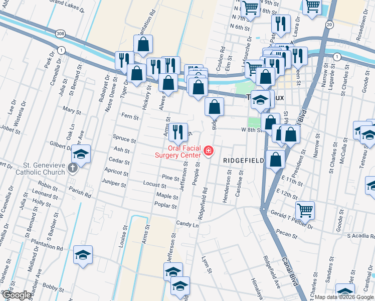 map of restaurants, bars, coffee shops, grocery stores, and more near 503 Olive Street in Thibodaux