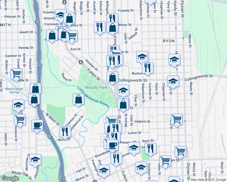 map of restaurants, bars, coffee shops, grocery stores, and more near 3403 Irvington Boulevard in Houston