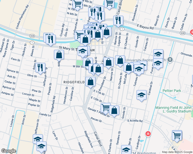 map of restaurants, bars, coffee shops, grocery stores, and more near in Thibodaux